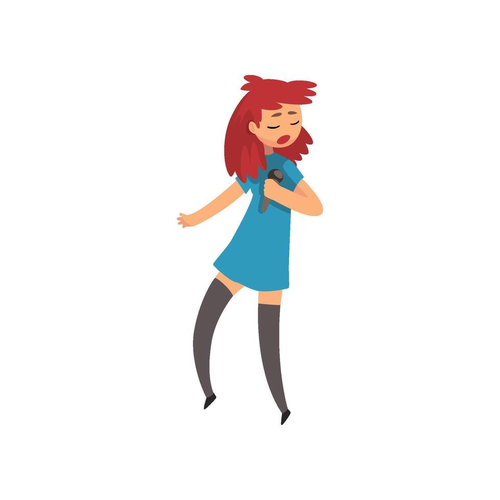 Girl singing a song with microphone, female pop singer Illustration vector