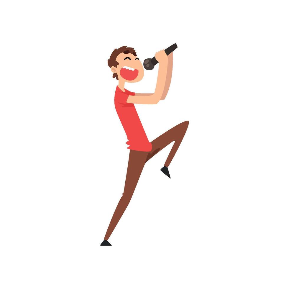 Male singer singing a song with microphone, guy performing on stage Illustration vector