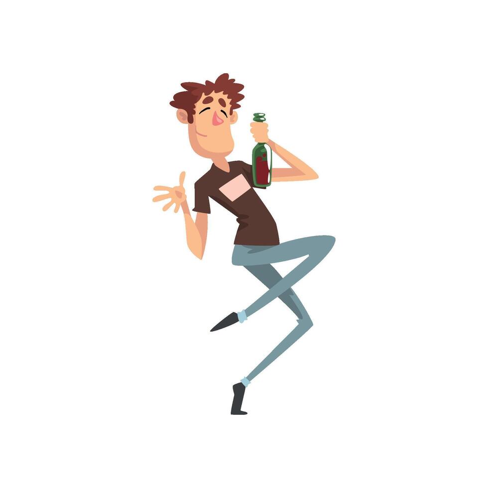 Funny drunk man with bottle of alcohol drink in his hand, guy character drinking alcohol Illustration vector