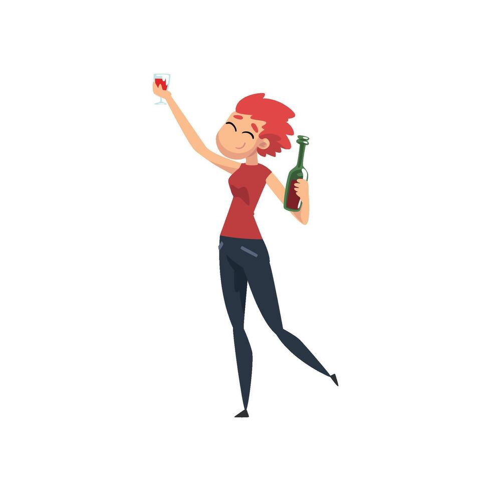 Happy girl with bottle of alcohol drink in her hands, smiling young woman character drinking alcohol Illustration vector