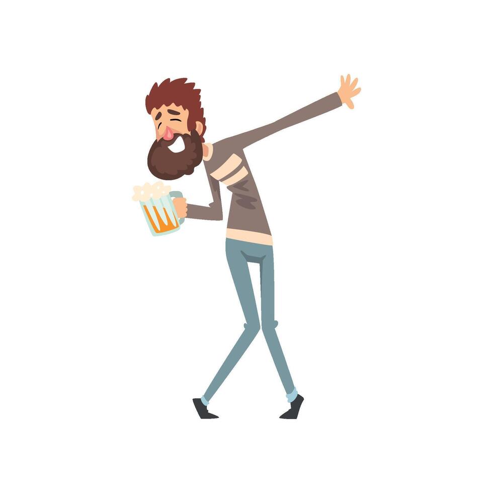 Drunk man with mug of beer in his hand, funny guy character drinking alcohol Illustration vector