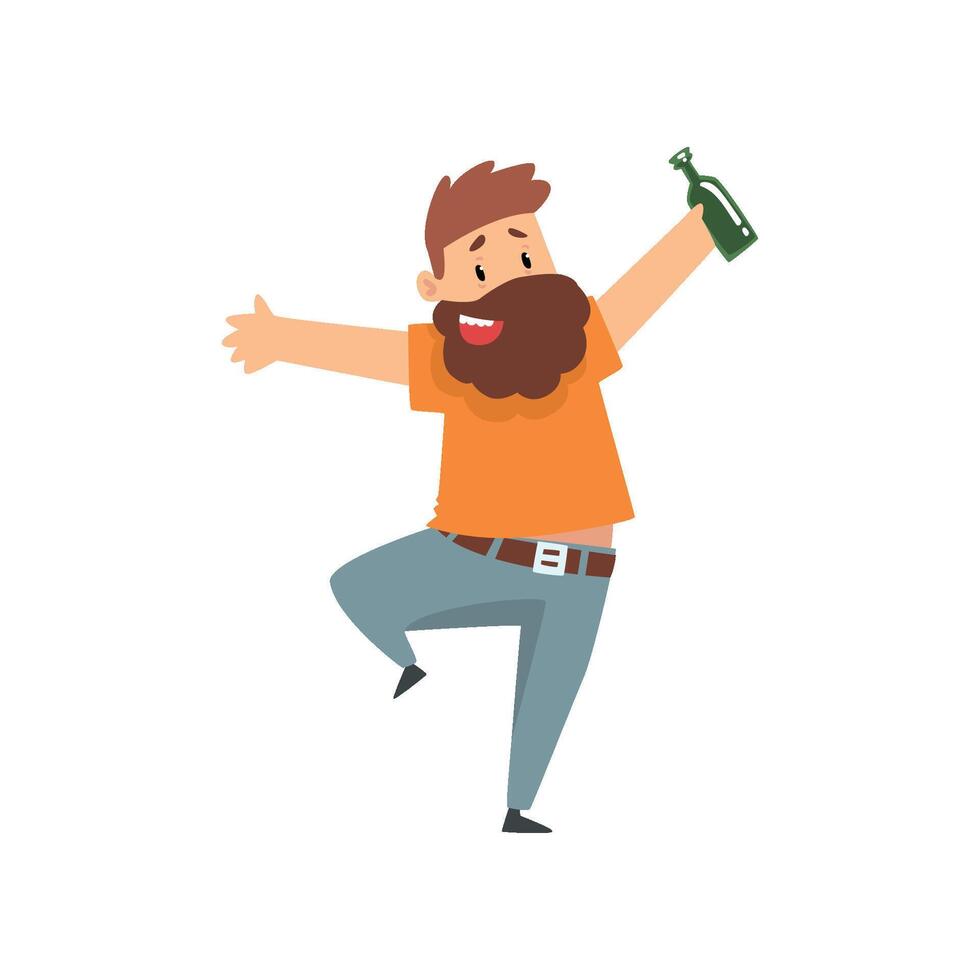 Drunk bearded man with bottle of alcohol drink in his hand, funny guy character drinking alcohol Illustration vector