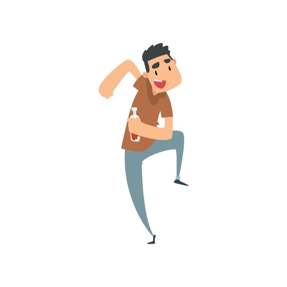 Cheerful drunk man with bottle of alcohol drink in his hand, funny guy character drinking alcohol and dancing Illustration vector