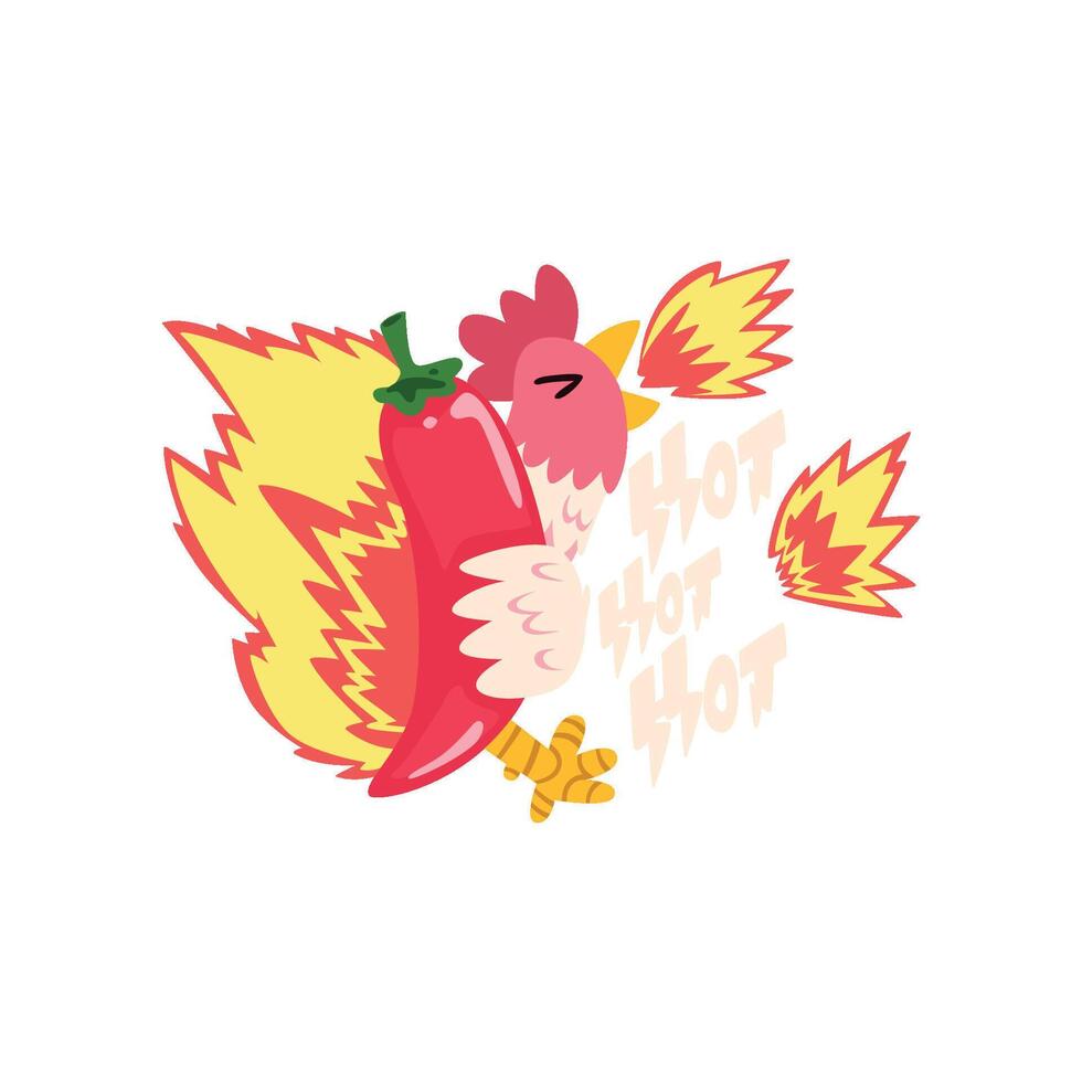 Hot fire chicken with red chilli pepper, creative logo design template Illustratio vector