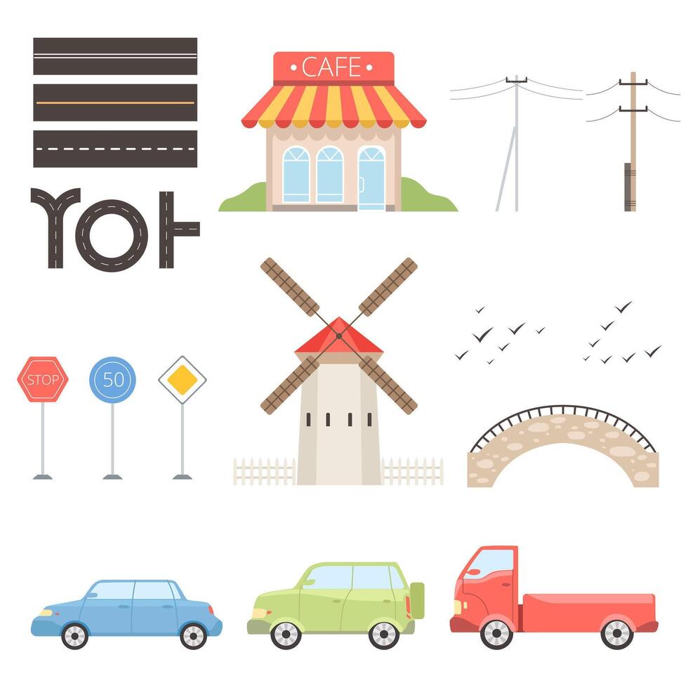 Collection of urban or rural landscape constructor design elements Illustration vector