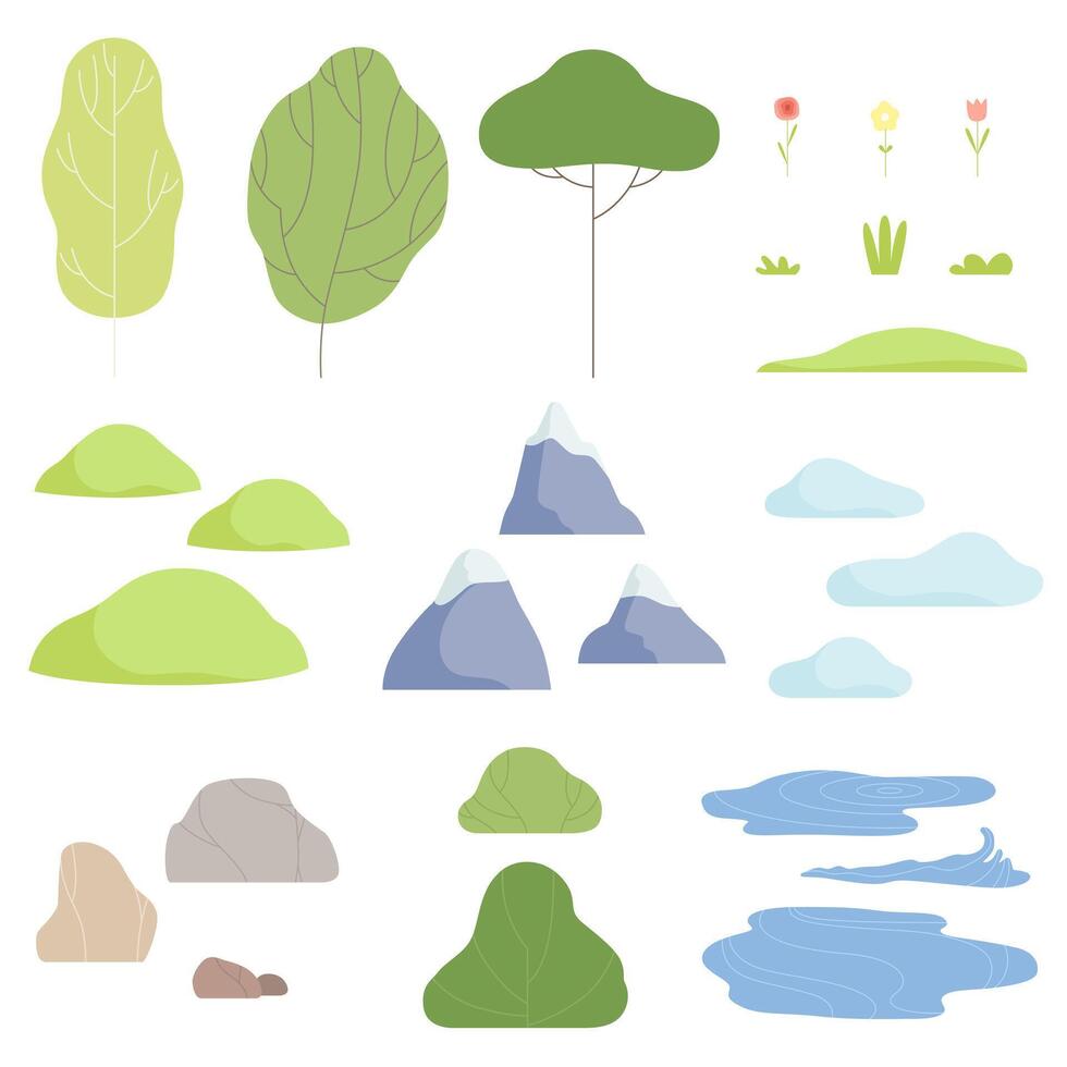 Trees, plants, flowers, mountains, clouds, lake, collection of nature landscape constructor design elements Illustration vector