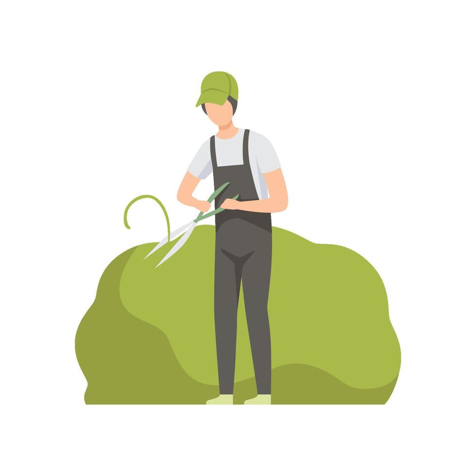 Gardener trimming a bush with clippers, man working in the garden Illustration vector