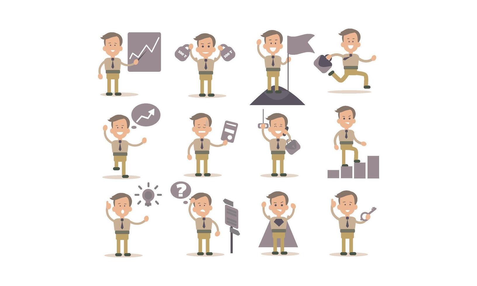 Flat set of businessman in different working actions. Successful office worker or bank manager vector