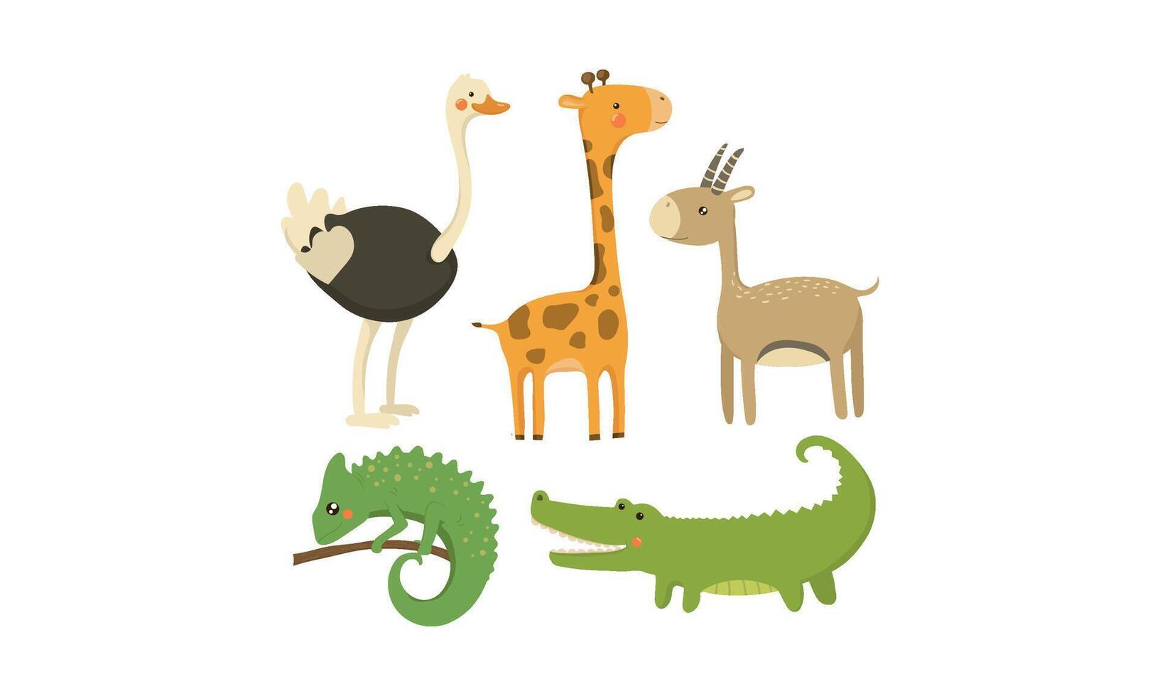 Flat set of African animals. Wild creatures. Cute cartoon characters. Elements for mobile game or children book vector