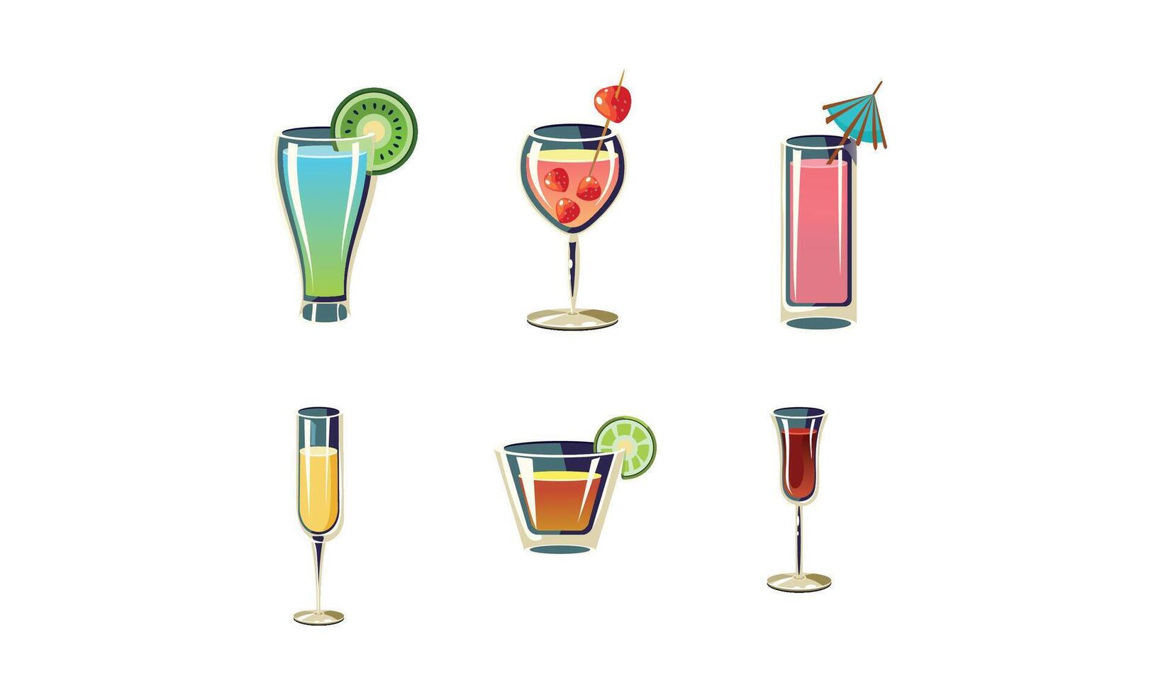 Set of refreshing summer cocktails in glasses. Alcoholic drinks. Cartoon elements for menu or party poster vector