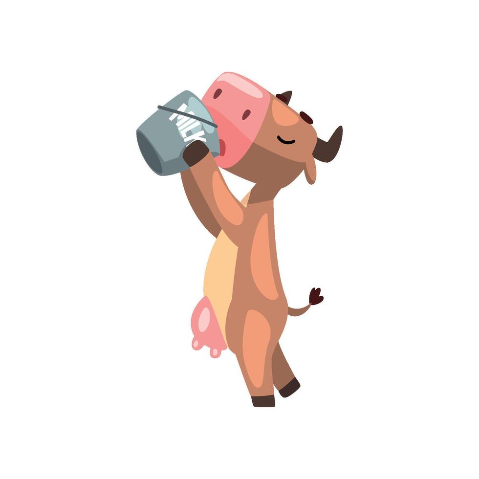 Funny brown cow drinking milk from a bucket, farm animal cartoon character Illustration vector
