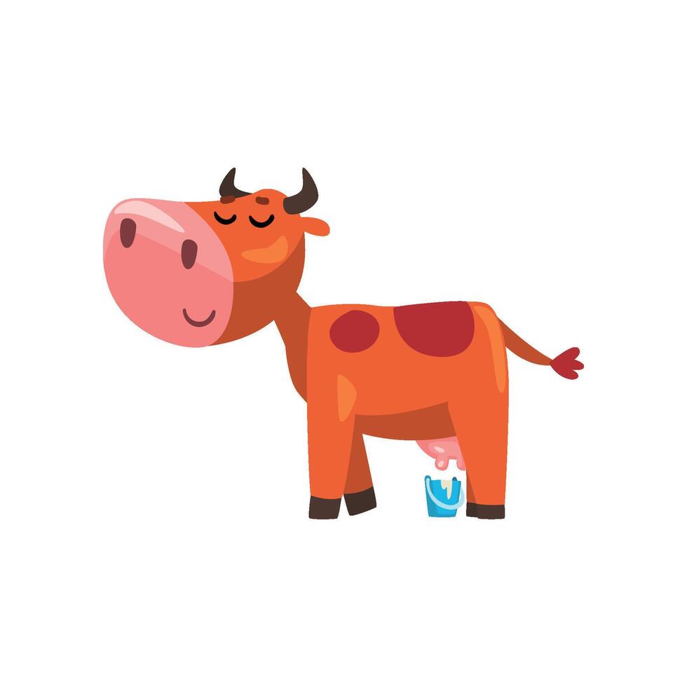 Funny brown milking cow, farm animal cartoon character, design element can be used for advertising, milk package, baby food Illustration vector
