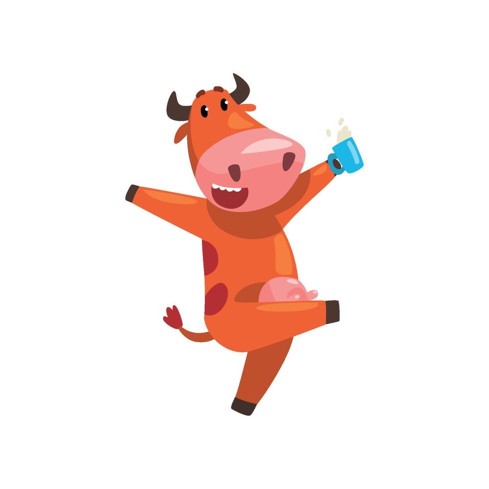 Happy brown cow with cup milk, farm animal cartoon character, design element can be used for advertising, milk package, baby food Illustration vector