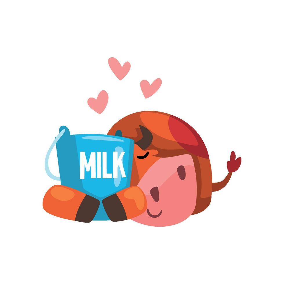 Funny brown cow sleeping and hugging a bucket of milk, farm animal cartoon character, design element can be used for advertising, milk package, baby food Illustration vector