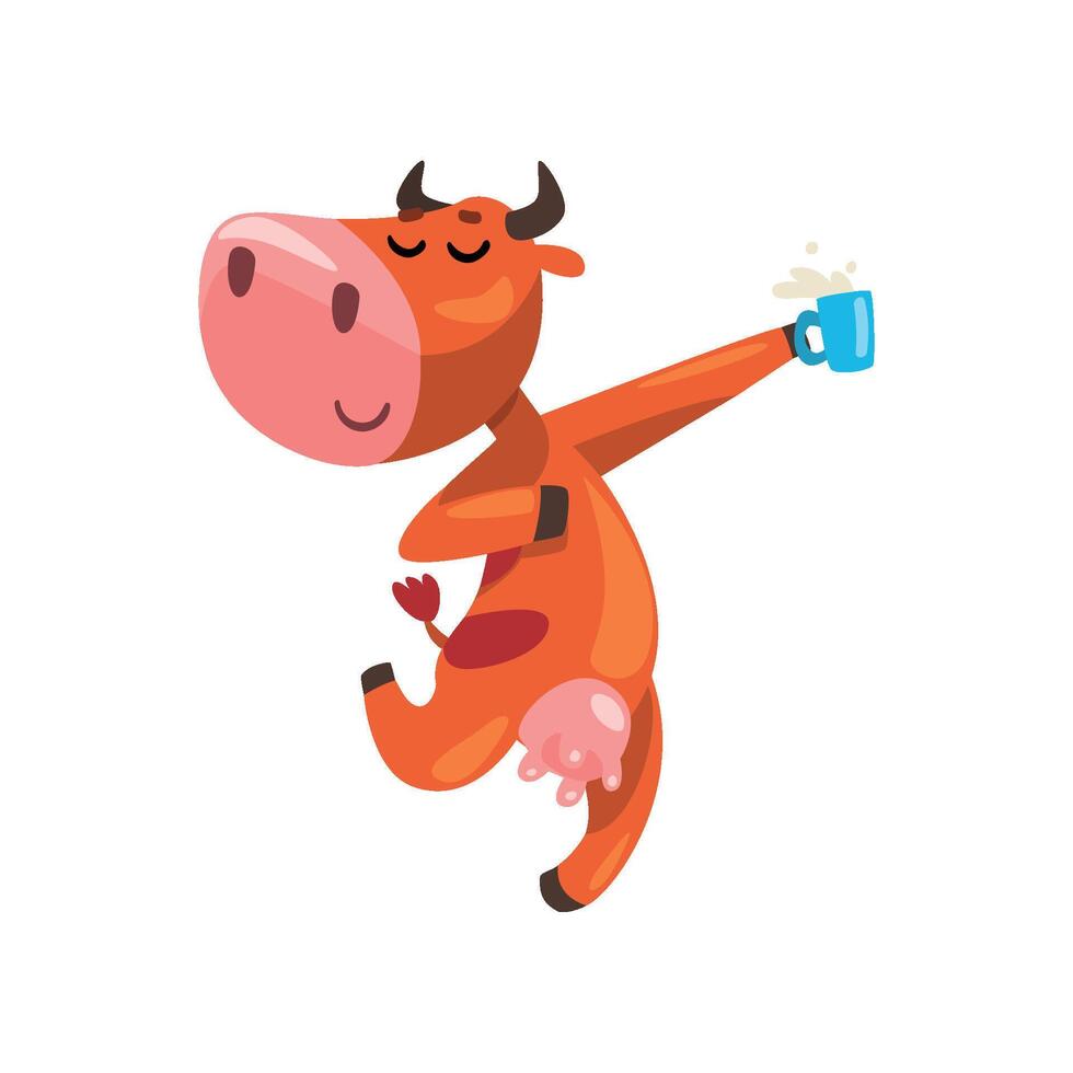 Funny brown cow with cup of milk having fun, farm animal cartoon character, design element can be used for advertising, milk package, baby food Illustration vector