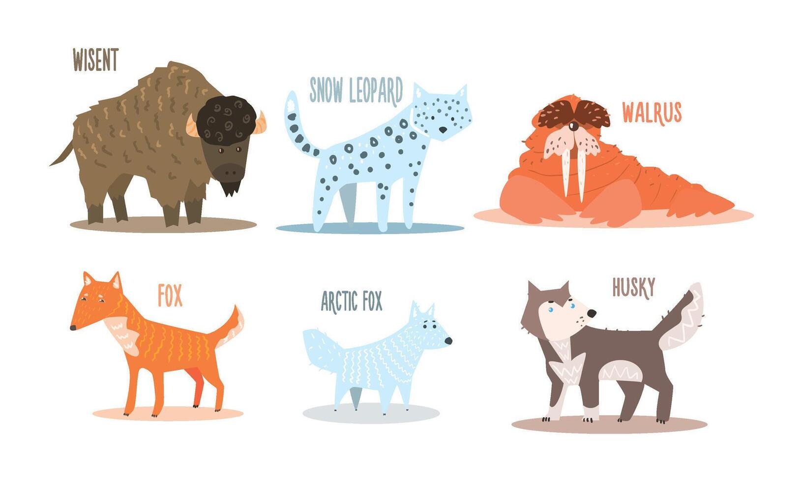 Collection of Arctic animals with names, wisent, snow leopard, walrus, fox, arctic fox, husky Illustration vector