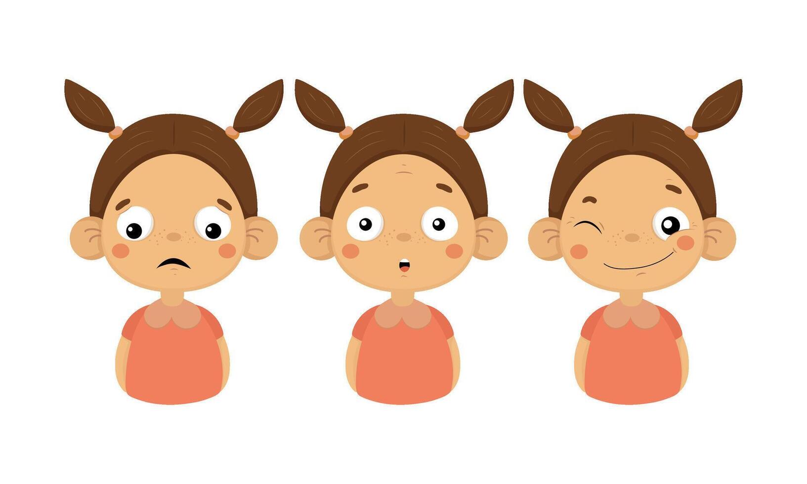 Flat set of girl with ponytails showing different emotions. Sad, surprised and smiling face with winking eye vector