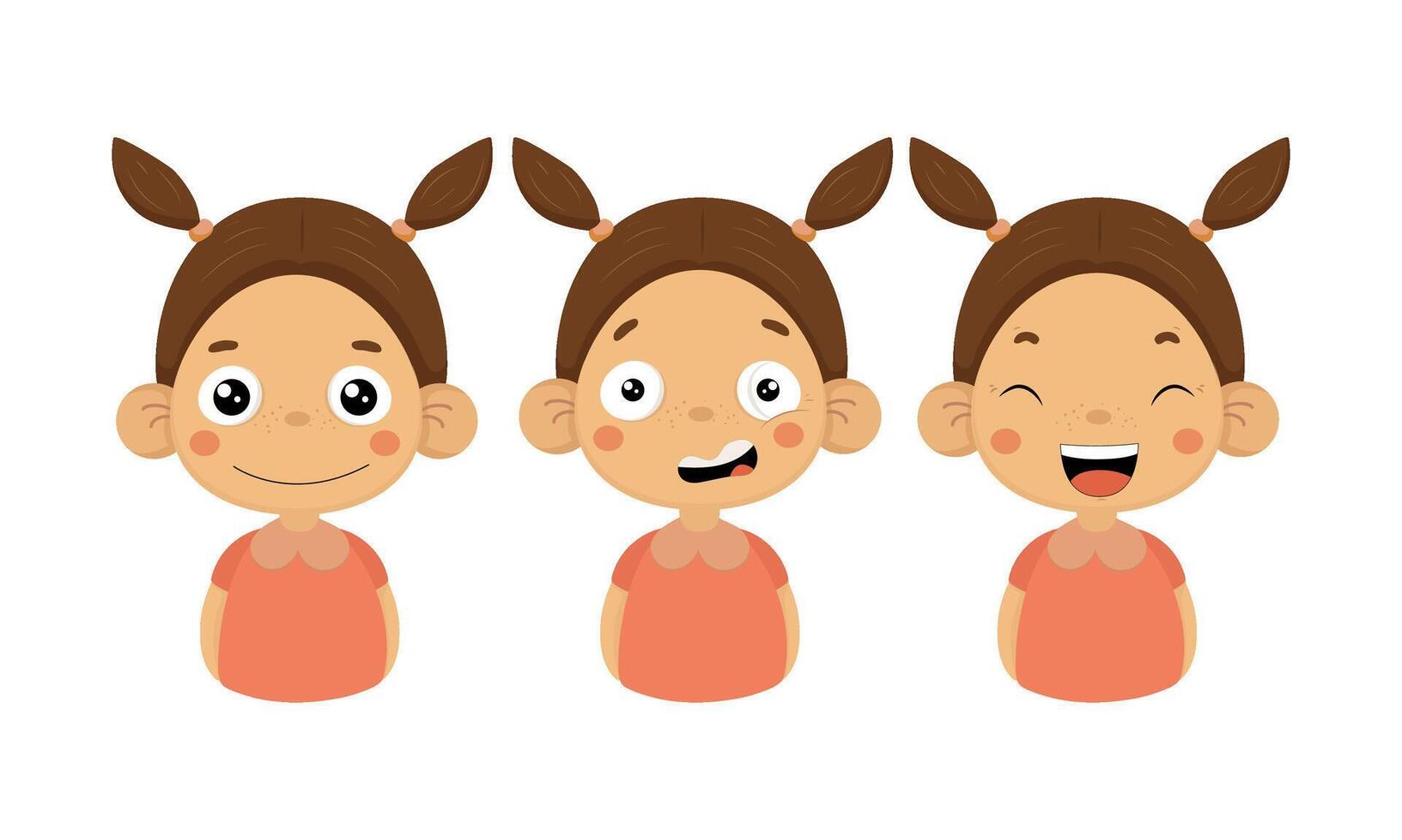 Flat vectoe set of little girl with different emotions. Smiling, confused and happy face. Cute child with two ponytails vector