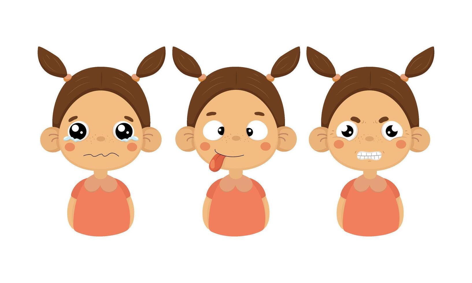 Flat set of little girl with different facial expressions. Crying child, tongue out and angry emotion vector