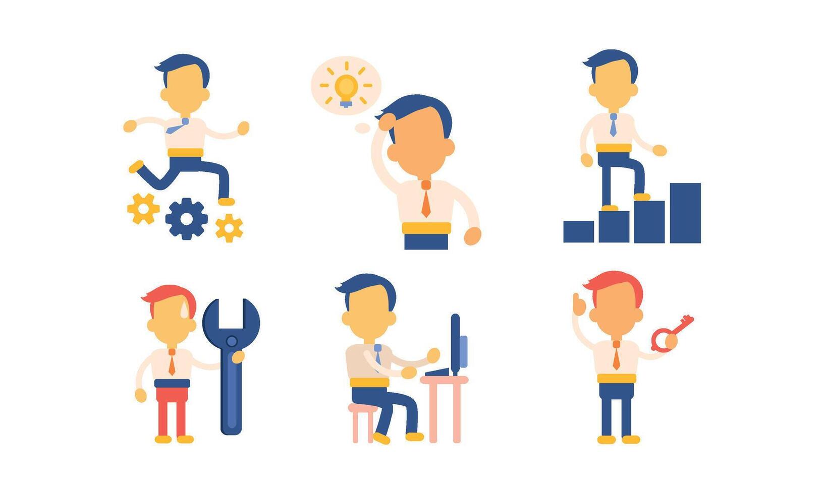 Flat set of icons with businessman in working actions. Office worker busy at work. Man in formal clothes vector