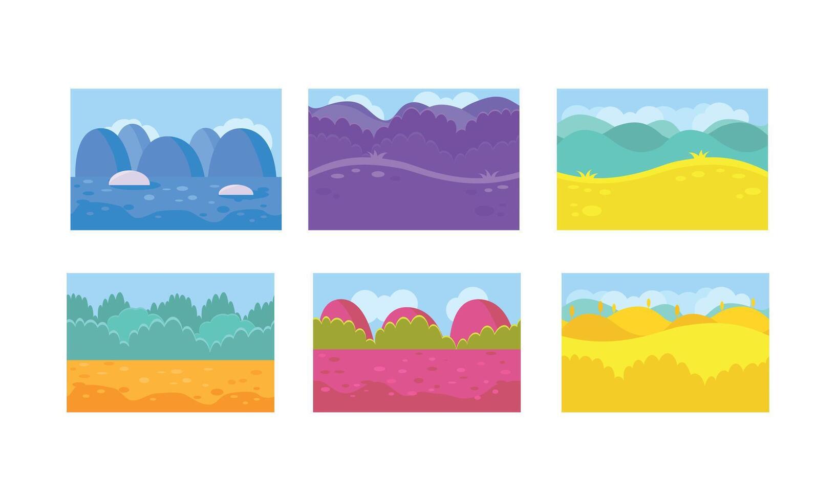 Flat set of 6 seamless backgrounds for mobile game. Landscapes with abstract forests, hills and blue glaciers vector