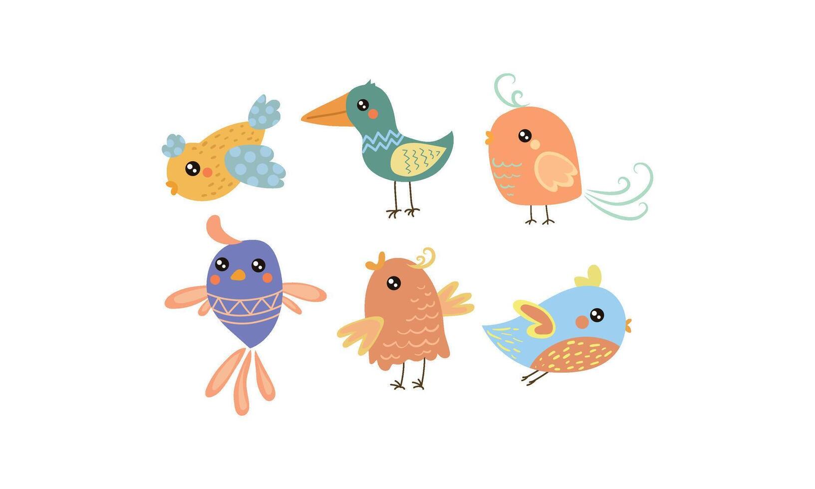 Flat set of cute little birds. Lovely creatures with small wings. Graphic elements for children book vector
