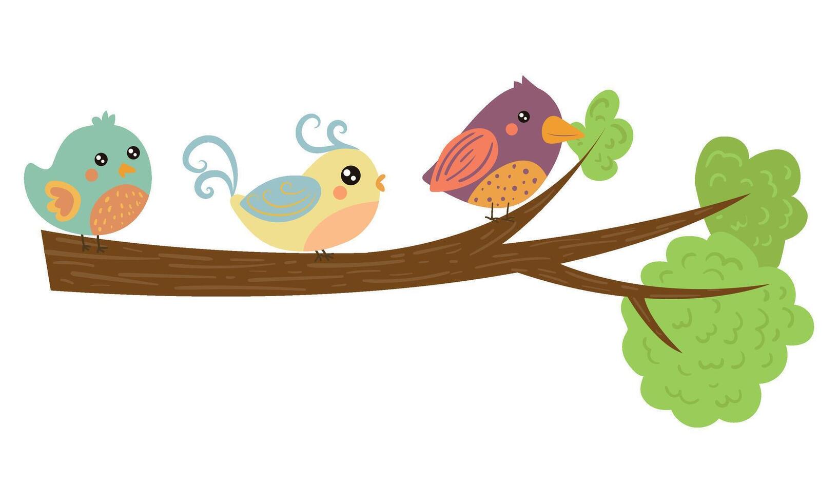 Three lovely birds on green tree branch. Adorable creatures with little wings. Spring season. Flat design vector