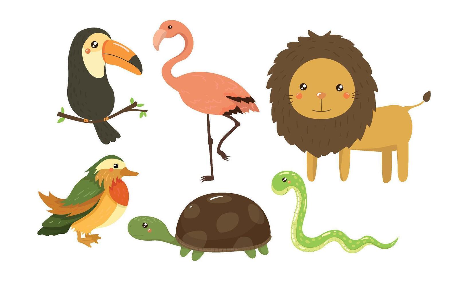 Flat set of cute jungle animals and birds. African fauna. Wildlife theme. Elements for children room decor vector