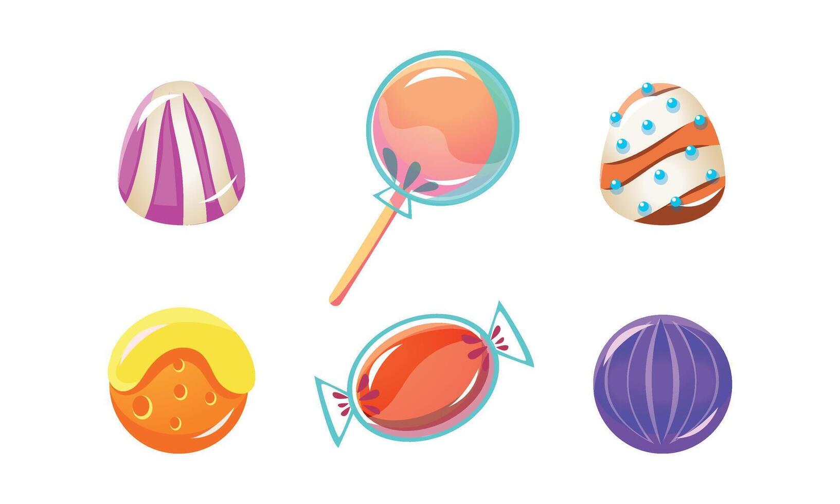 Colorful glossy candies set, sweets of different shapes, user interface assets for mobile apps or games Illustration vector