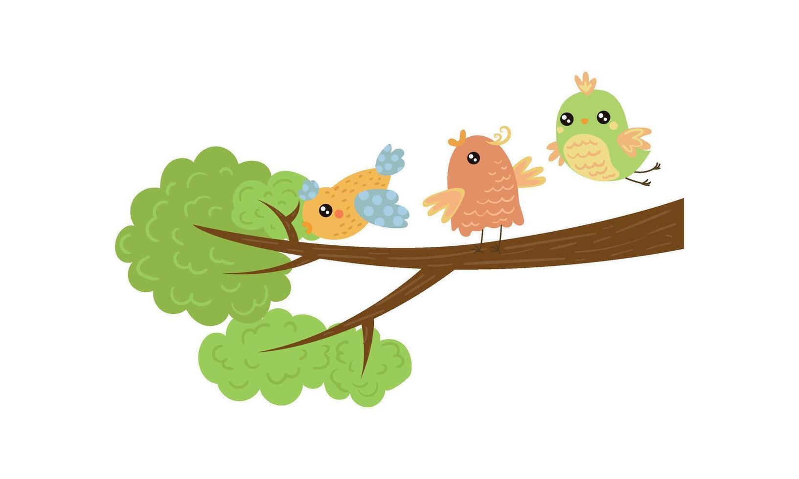 Three little birds on tree branch. Spring season. Lovely creatures. Flat design for children book vector