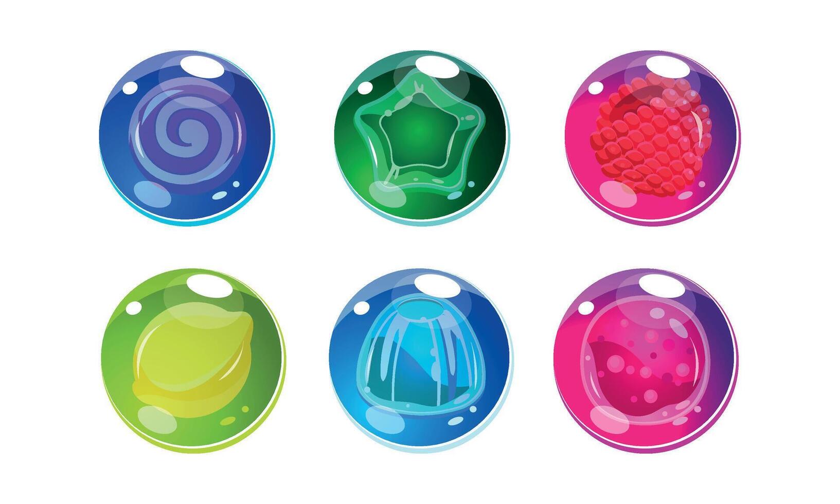 Colorful glossy balls set, shiny spheres with candies and fruits inside, user interface assets for mobile apps or games Illustration vector