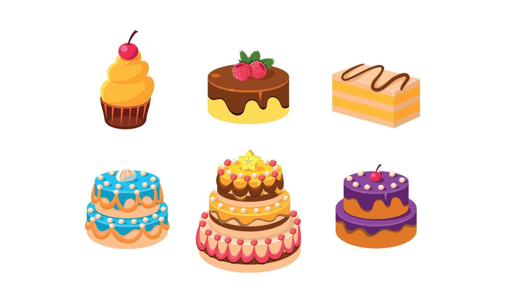 Collection of cakes set, confection desserts, piece of various delicious cakes Illustration vector