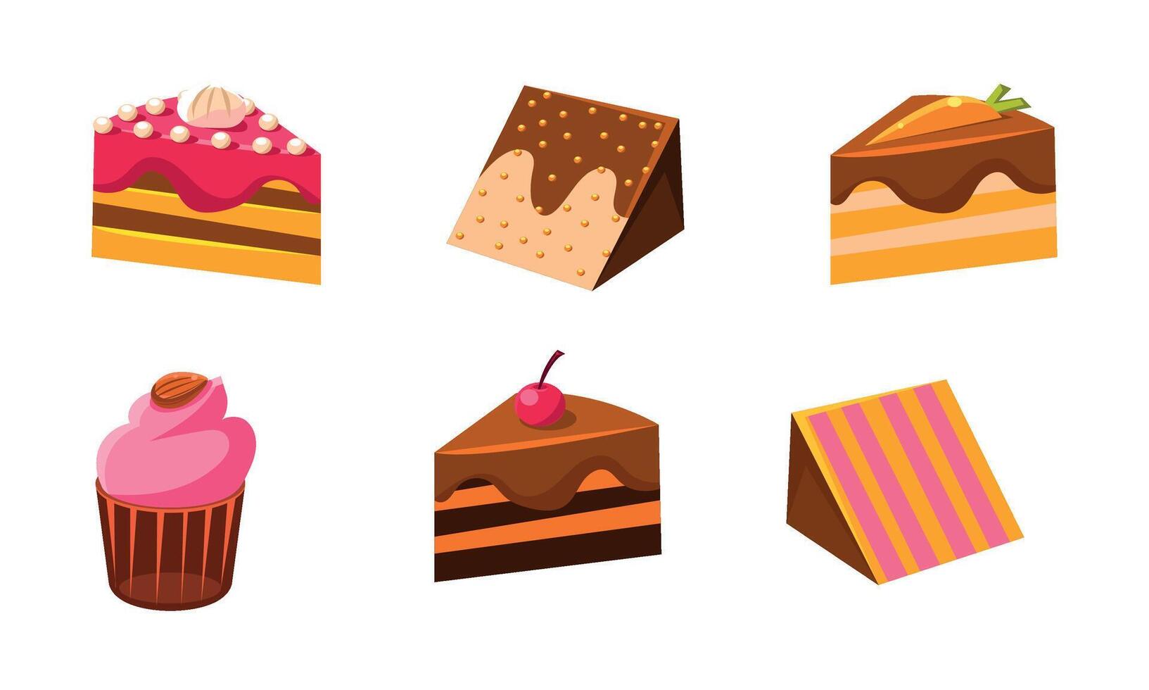 Collection of cakes set, piece of various delicious confection desserts Illustration vector