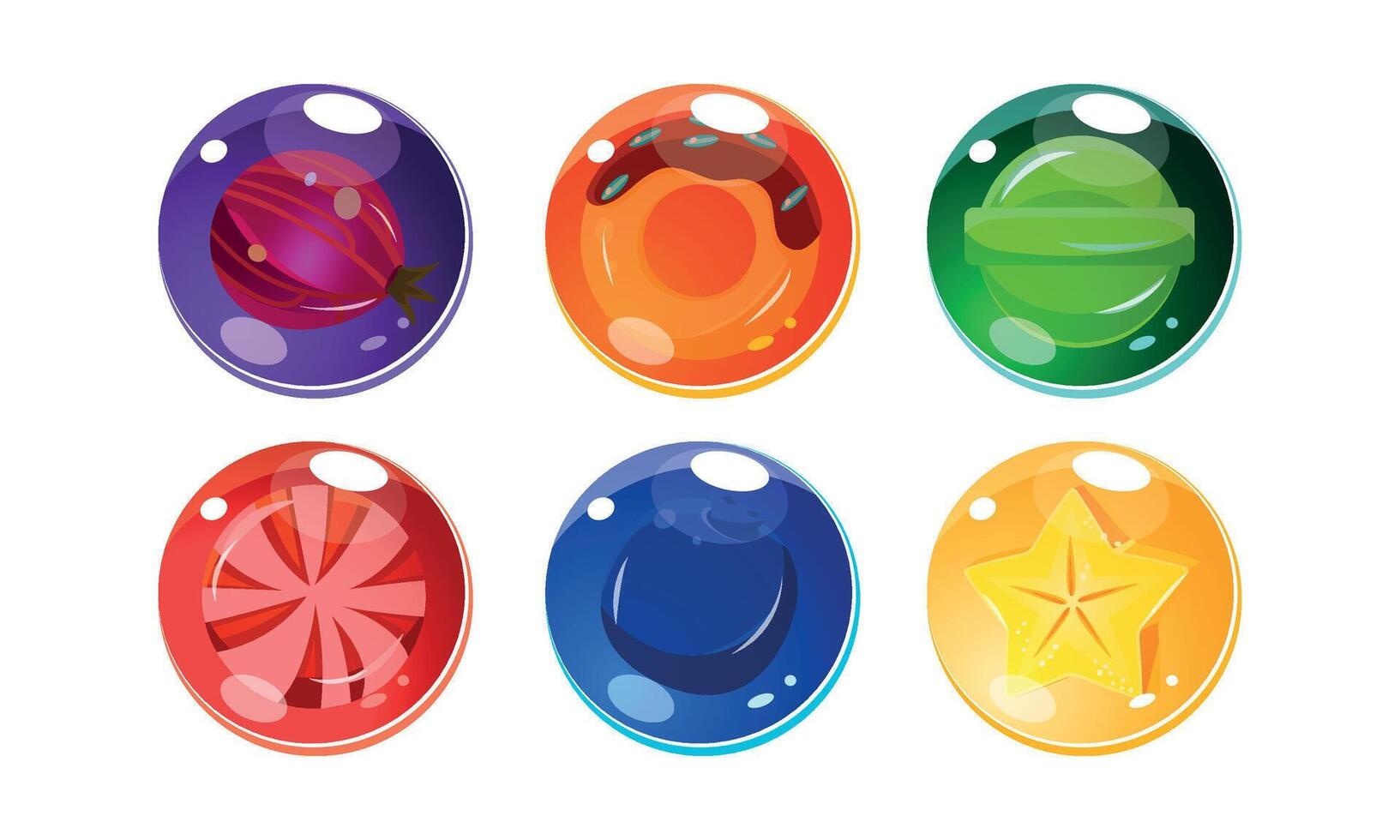 Colorful glossy balls set, shiny spheres with candies, fruits and berries inside, user interface assets for mobile apps or games Illustration vector