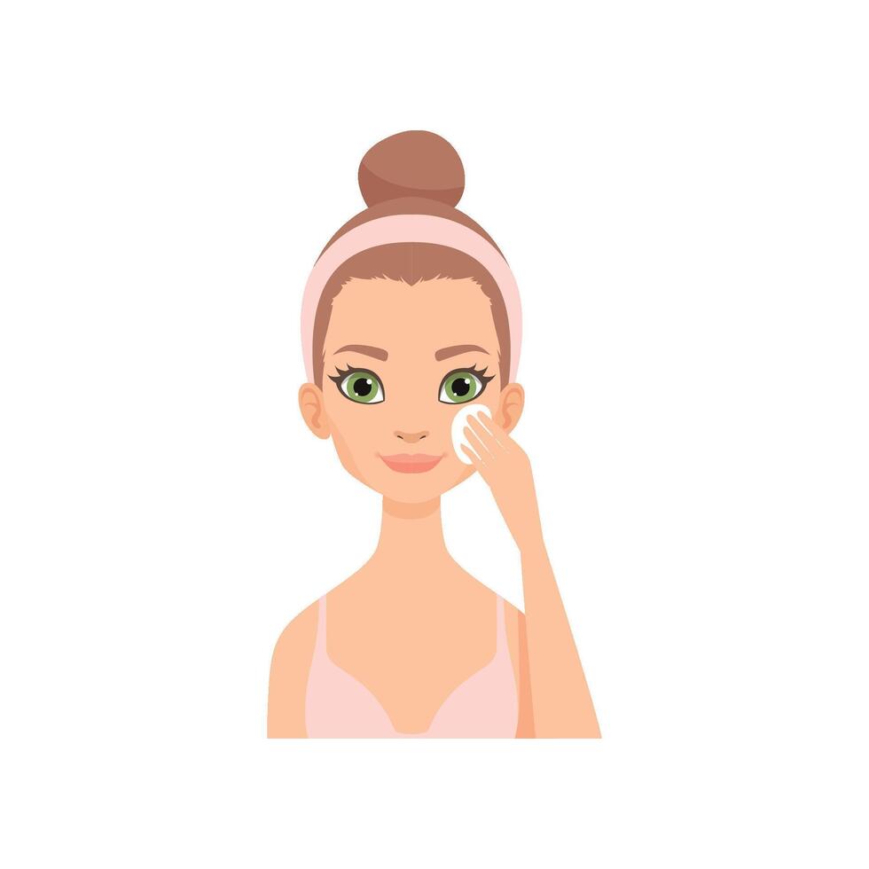 Attractive young woman cleaning her face with a cotton swab, girl caring for her face and skin, facial treatment procedure, Illustration vector