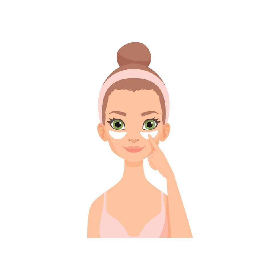 Attractive young woman applying white under eye patches, girl caring for her face, eye skin treatment procedure Illustration vector