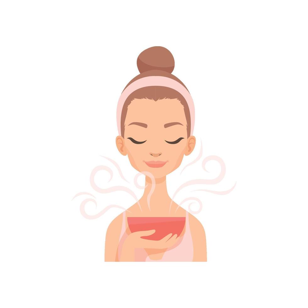 Attractive young woman caring for her face with steam, facial treatment procedure Illustration vector