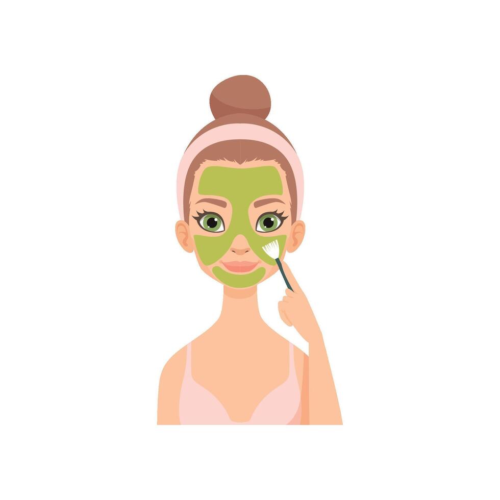 Young woman applying natural mask, girl caring for her face and skin, facial treatment procedure Illustration vector