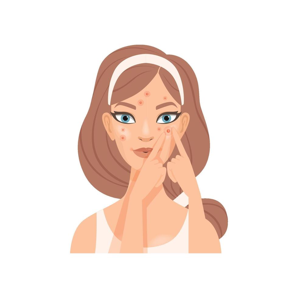 Attractive young woman squeezing out a pimple, girl with skin problems caring for her face, facial treatment procedure Illustration vector