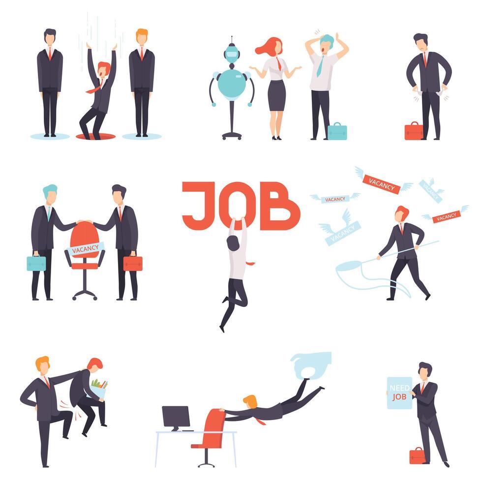 People searching and losing their jobs set, selection of candidates for vacancy, office workers fired from job, recruitment, hiring Illustration vector