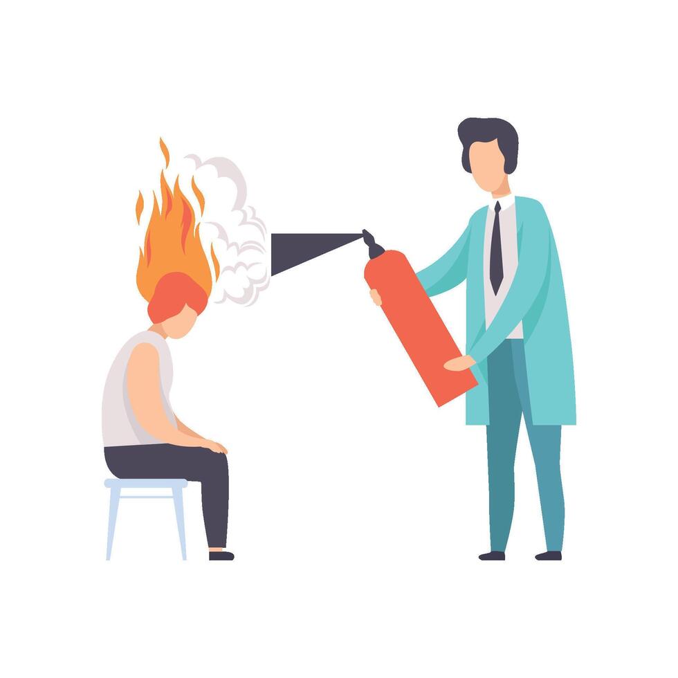 Exhausted young woman with burning brain, psychotherapist or psychologist with a fire extinguisher, emotional burnout concept, stress, headache, depression, psychological problems Illustration vector