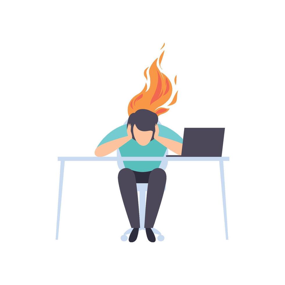 Exhausted tired man sitting at his working place with computer in office, businessman with burning brain, emotional burnout concept vector