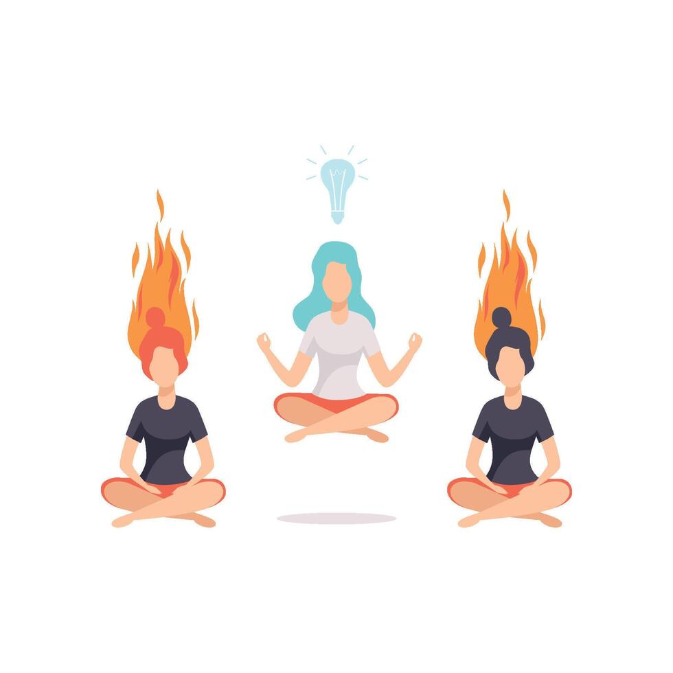 Women meditating and relaxing in lotus position, emotional burnout concept, stress, headache, depression, psychological problems Illustration vector