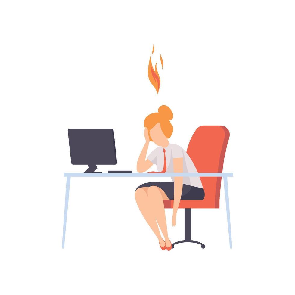 Exhausted tired woman sitting at her working place with computer in office, businesswoman with burning brain, emotional burnout concept vector