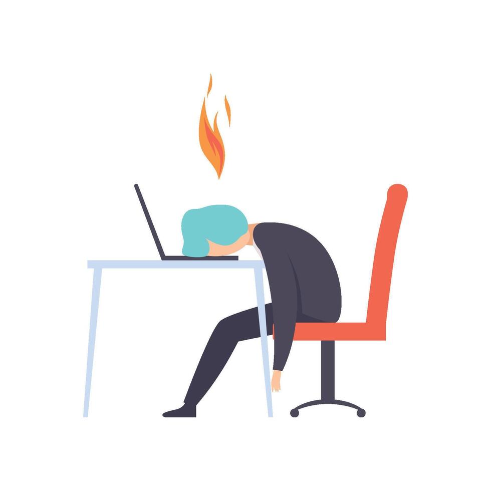 Overworked exhausted man sitting at his working place with computer in office, businessman with burning brain, emotional burnout concept vector