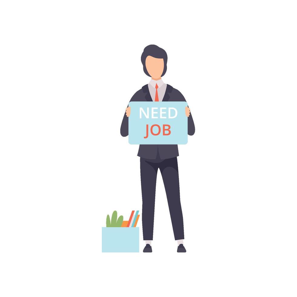 Business man holding placard with Need job lettering, unemployed male job seeker, office worker fired from job Illustration vector