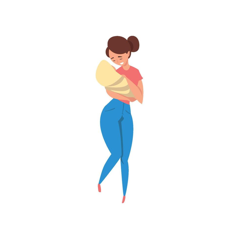 Happy young mother holding her newborn baby, motherhood, parenting concept Illustration vector