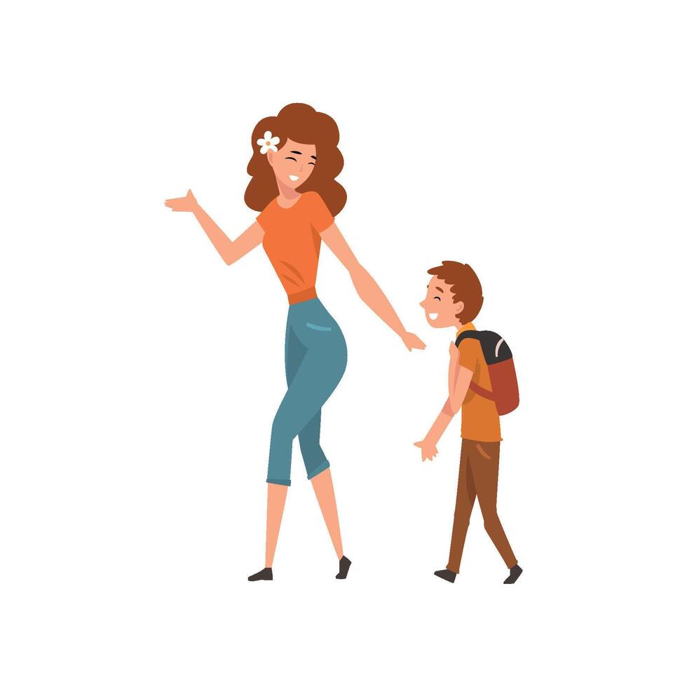 Mother talking with her son who walking with backpack, mom having a good time with her kid, motherhood, parenting concept Illustration vector