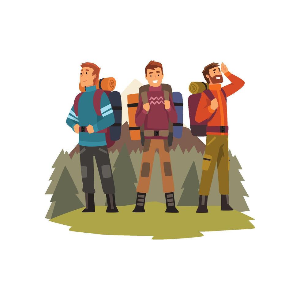 Men travelling together, camping people, backpacking trip or expedition Illustration vector