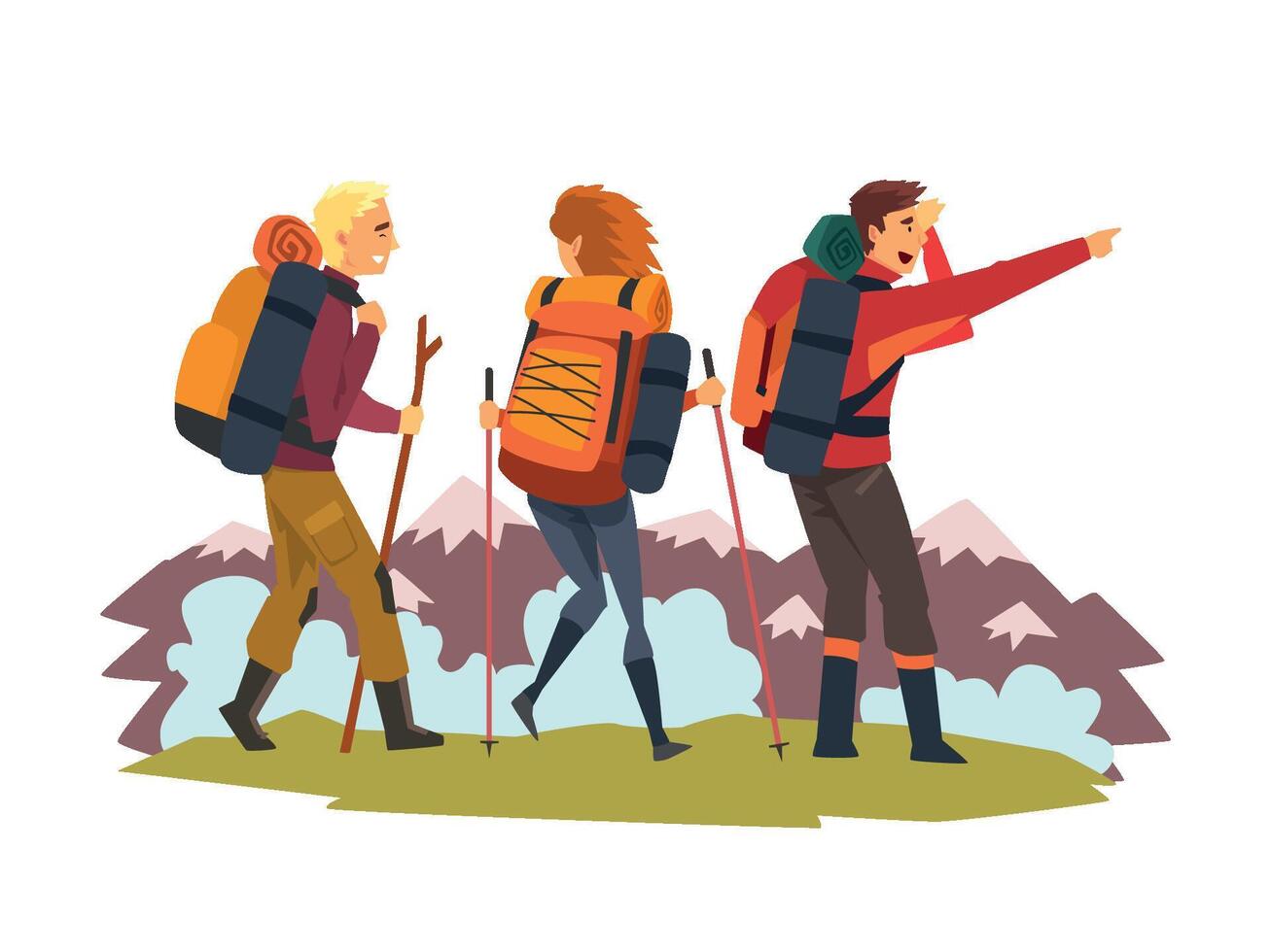 Men and woman travelling together, tourists hiking in mountains, summer adventure and exploration Illustration vector